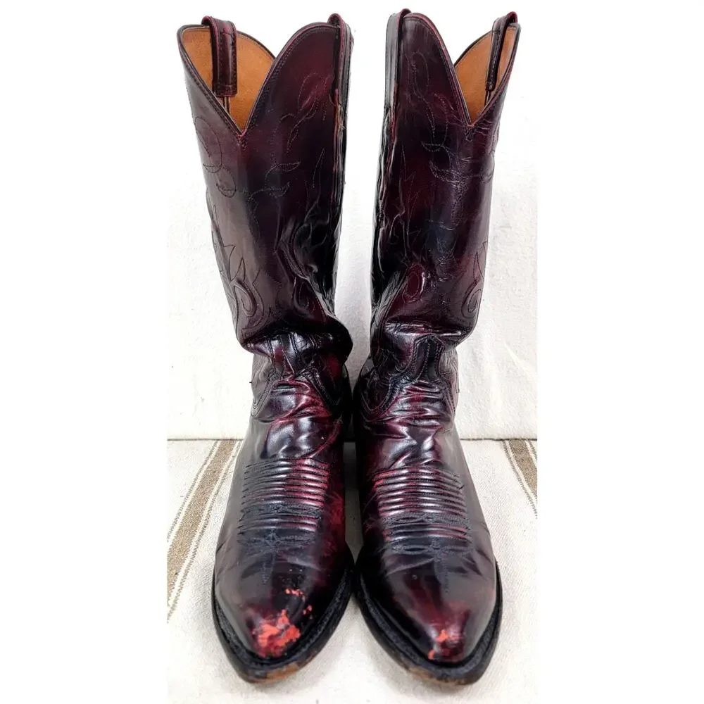 Vintage Lucchese Roper Cowboy Boots Dark Cherry USA Leather Men’s 7.5E Western